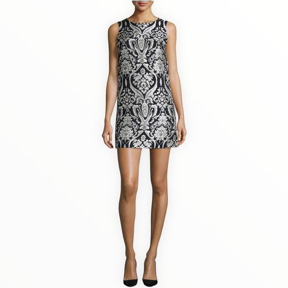 Alice & Olivia Clyde Sleeveless Black & White Damask Shift Mini Dress size 2 - Picture 2 of 15